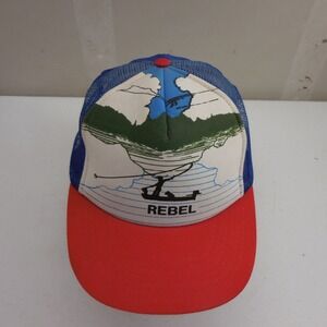 Vintage Rebel Lures Fishing Trucker Hat Snapback Mesh Cap Blue Red White Graphic